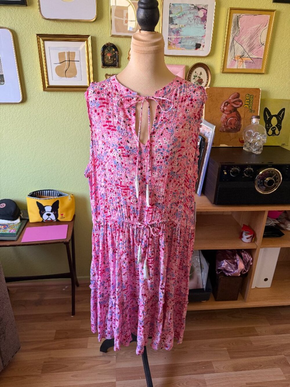 NWT Black Tape Pink Floral Tiered Midi Dress Plus Size 2X Boho Drawstring